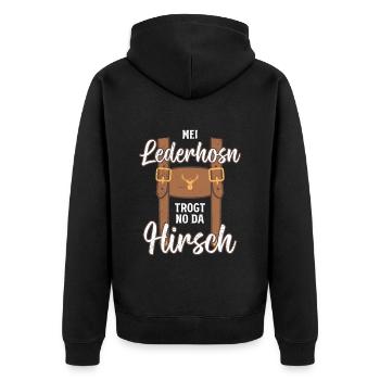 Mei Lederhosn Trogt no da Hirsch Bayerisches Shirt - Unisex Premium Bio Zip Hoodie - Schwarz - Hinten - Nico (187cm)