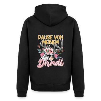 Trachten Shirt Damen Pause von meinem Dirndl - Unisex Premium Bio Zip Hoodie - Schwarz - Hinten - Nico (187cm)