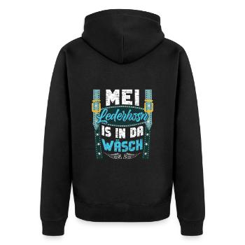 Mei Lederhosn is in da Wäsch Shirt - Unisex Premium Bio Zip Hoodie - Schwarz - Hinten - Nico (187cm)