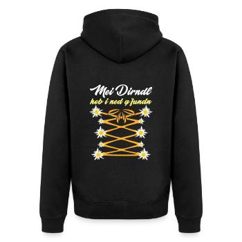 Mein Dirndl hob I ned Gfundn Bayerisches Shirt - Unisex Premium Bio Zip Hoodie - Schwarz - Hinten - Nico (187cm)