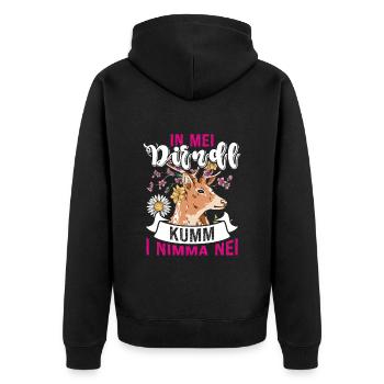 In my Dirndl Kumm i Nimma Nei - Unisex Premium Bio Zip Hoodie - Schwarz - Hinten - Nico (187cm)