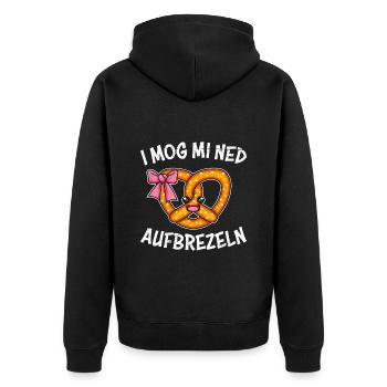 Bayerische Brezeln I Mog mi Ned Aufbrezeln Frauen - Unisex Premium Bio Zip Hoodie - Schwarz - Hinten - Nico (187cm)