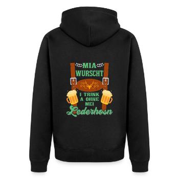 Trachtenshirt Mia Wurscht I Trink a ohne Lederhosn - Unisex Premium Bio Zip Hoodie - Schwarz - Hinten - Nico (187cm)