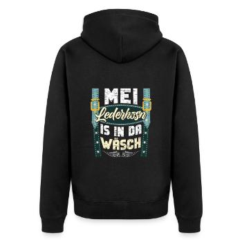 Mei Lederhosn is in da Wäsch Shirt - Unisex Premium Bio Zip Hoodie - Schwarz - Hinten - Nico (187cm)