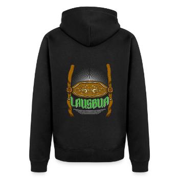 Lederhosen Lausbua Bayerisch Trachten Shirt Herren - Unisex Premium Bio Zip Hoodie - Schwarz - Hinten - Nico (187cm)