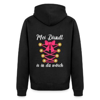 Mein Dirndl is in da Wäsch Bayerisches Dirndl Shir - Unisex Premium Bio Zip Hoodie - Schwarz - Hinten - Nico (187cm)