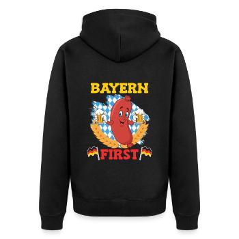 Bayern First Bayerische Bratwurst Weiß Blau - Unisex Premium Bio Zip Hoodie - Schwarz - Hinten - Nico (187cm)