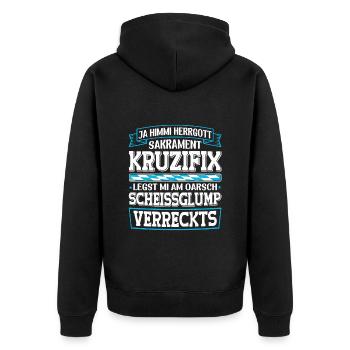 Boarisch Kruzifix Scheissglump Verreckts München - Unisex Premium Bio Zip Hoodie - Schwarz - Hinten - Nico (187cm)