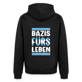 Bazis fürs Leben Bayerische Freunde Blau Weiß - Unisex Premium Bio Zip Hoodie - Schwarz - Hinten - Nico (187cm)