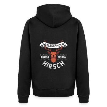 Mei Lederhosn Trogt no da Hirsch Bayerisches Shirt - Unisex Premium Bio Zip Hoodie - Schwarz - Hinten - Nico (187cm)
