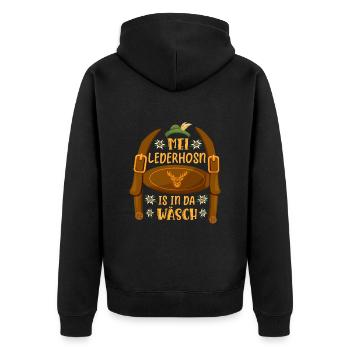 Mei Lederhosn is in da Wäsch Trachtenshirt - Unisex Premium Bio Zip Hoodie - Schwarz - Hinten - Nico (187cm)