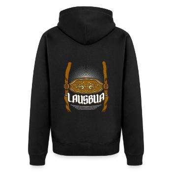 Lederhosen Lausbua Bayerisch Trachten Shirt Herren - Unisex Premium Bio Zip Hoodie - Schwarz - Hinten - Nico (187cm)