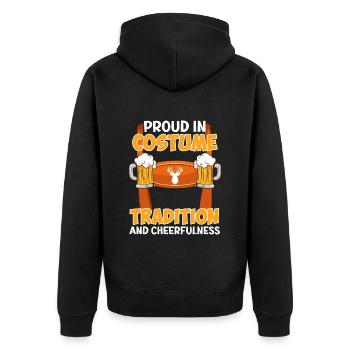 Lederhose Proud in Costume Tradition Cheefulness - Unisex Premium Bio Zip Hoodie - Schwarz - Hinten - Nico (187cm)