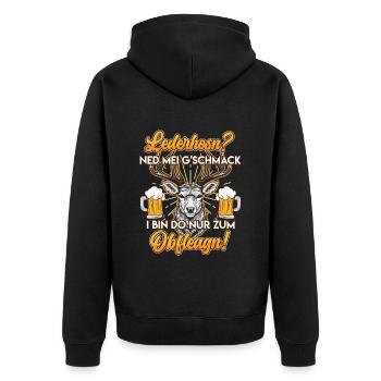 Lederhosn? Ned mei Gschmack Do zum Obfleagn! - Unisex Premium Bio Zip Hoodie - Schwarz - Hinten - Nico (187cm)