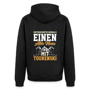 Unterschätze Nie einen Alten Mann mit Tourenski - Unisex Premium Bio Zip Hoodie - Schwarz - Hinten - Nico (187cm)