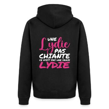 Eine nicht langweilige LYDIE ist keine echte LYDIE - Unisex Premium Bio Zip Hoodie - Schwarz - Hinten - Nico (187cm)