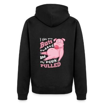 i like my butt rubbed and my pork pulled - Unisex Premium Bio Zip Hoodie - Schwarz - Hinten - Nico (187cm)