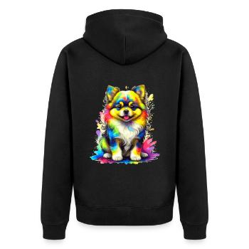 Pommerscher Welpe – Regenbogen - Unisex Premium Bio Zip Hoodie - Schwarz - Hinten - Nico (187cm)