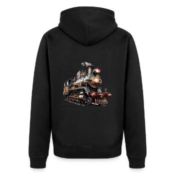 Das Bild einer alten Dampflok - Unisex Premium Bio Zip Hoodie - Schwarz - Hinten - Nico (187cm)