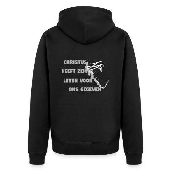 Christus ist für uns Holländer gestorben - Unisex Premium Bio Zip Hoodie - Schwarz - Hinten - Nico (187cm)