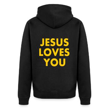 Jesus loves you - Unisex Premium Bio Zip Hoodie - Schwarz - Hinten - Nico (187cm)