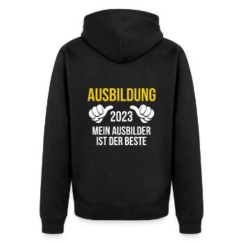 Azubi Geschenk Ausbildung 2023 Lehrling Spruch - Unisex Premium Bio Zip Hoodie - Schwarz - Hinten - Nico (187cm)
