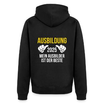 Azubi Geschenk Ausbildung 2025 Lehrling Spruch - Unisex Premium Bio Zip Hoodie - Schwarz - Hinten - Nico (187cm)