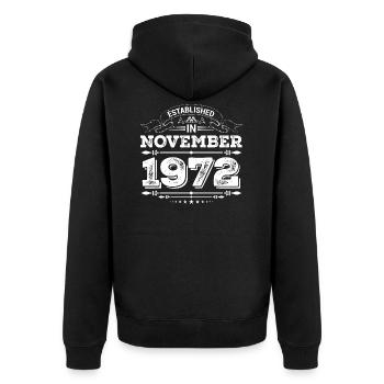 Established in November 1972 - Unisex Premium Organic Zip Hoodie - black - Back - Nico (187cm)