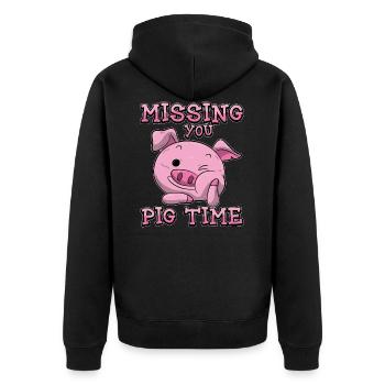 Missing You Pig Time| Rosa Schweinchen - Unisex Premium Bio Zip Hoodie - Schwarz - Hinten - Nico (187cm)