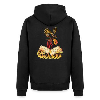 Bitcoin BTC & Phönix - Blockchain Satoshi Nakamoto - Unisex Premium Bio Zip Hoodie - Schwarz - Hinten - Nico (187cm)
