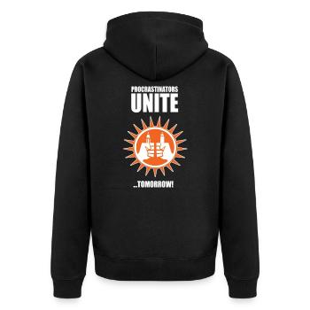 Procrastinators unite...tomorrow! - Unisex Premium Bio Zip Hoodie - Schwarz - Hinten - Nico (187cm)