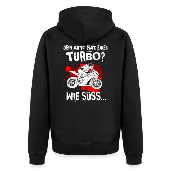 Motorrad Turbo Superbike lustiger Spruch - Unisex Premium Bio Zip Hoodie - Schwarz - Hinten - Nico (187cm)