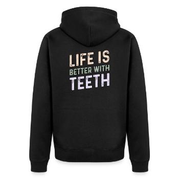 Das Leben ist besser mit Zähnen - Zahnarzt & Zahnmedizin - Unisex Premium Bio Zip Hoodie - Schwarz - Hinten - Nico (187cm)