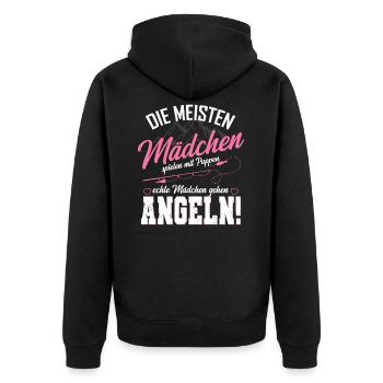 Echte Mädchen Angeln Spruch Anglerin Fischerin - Unisex Premium Bio Zip Hoodie - Schwarz - Hinten - Nico (187cm)