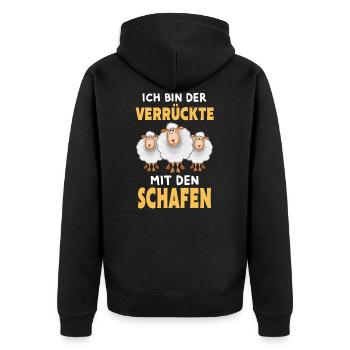 Ich bin der Verrückte mit den Schafen - Unisex Premium Bio Zip Hoodie - Schwarz - Hinten - Nico (187cm)