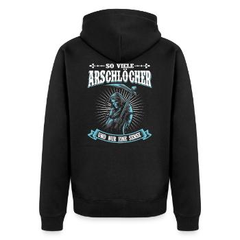 Sensemann So Viele Arschlöcher - Unisex Premium Bio Zip Hoodie - Schwarz - Hinten - Nico (187cm)