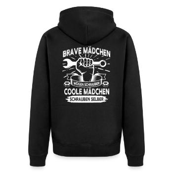 Kfz Mechanikerin Spruch Kfz-Mechatronikerin - Unisex Premium Bio Zip Hoodie - Schwarz - Hinten - Nico (187cm)