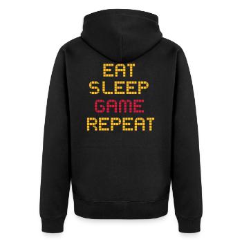 Eat Sleep Game Repeat - Cooler Spruch Gamer Zocker - Unisex Premium Bio Zip Hoodie - Schwarz - Hinten - Nico (187cm)