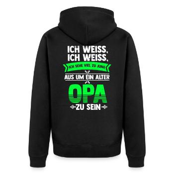 Viel zu jung als ein alter Opa zu sein - Unisex Premium Bio Zip Hoodie - Schwarz - Hinten - Nico (187cm)