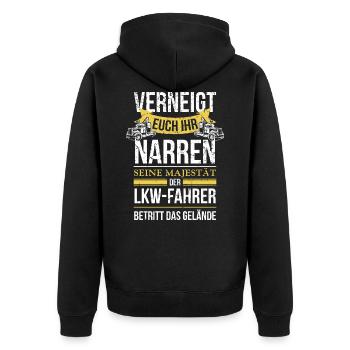 Fernfahrer Verneigt euch ihr Narren seine Majestät - Unisex Premium Bio Zip Hoodie - Schwarz - Hinten - Nico (187cm)