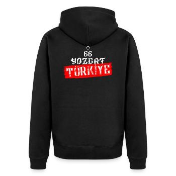 66 Yozgat Türkiye - Unisex Premium Bio Zip Hoodie - Schwarz - Hinten - Nico (187cm)