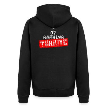 07 Antalya Türkiye - Unisex Premium Bio Zip Hoodie - Schwarz - Hinten - Nico (187cm)