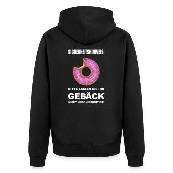 Bitte lassen sie ihr Gebäck nicht unbeaufsichtigt! - Unisex Premium Bio Zip Hoodie - Schwarz - Hinten - Nico (187cm)