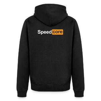 Speedcore Glitch Logo Tekk Festival Frenchcore - Unisex Premium Bio Zip Hoodie - Schwarz - Hinten - Nico (187cm)
