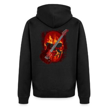 Gitarre, Totenkopf mit Flammen, Feuer - Unisex Premium Bio Zip Hoodie - Schwarz - Hinten - Nico (187cm)