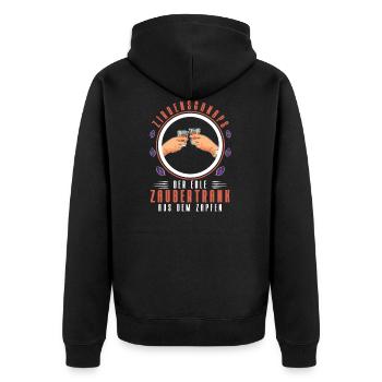 Zirbenschnaps, Der Edle Zaubertrank Aus Dem Zapfen - Unisex Premium Bio Zip Hoodie - Schwarz - Hinten - Nico (187cm)
