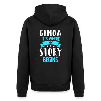 Spruch Genua ist wo meine Geschichte beginnt. - Unisex Premium Bio Zip Hoodie - Schwarz - Hinten - Nico (187cm)