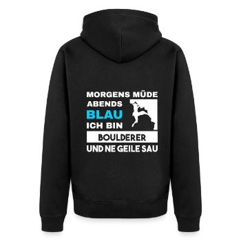 Morgens Müde Abends Blau Boulderer - Unisex Premium Bio Zip Hoodie - Schwarz - Hinten - Nico (187cm)