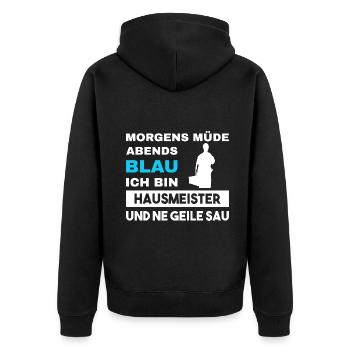 Morgens Müde Abends Blau Hausmeister - Unisex Premium Bio Zip Hoodie - Schwarz - Hinten - Nico (187cm)