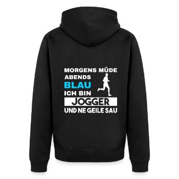 Morgens Müde Abends Blau Jogger - Unisex Premium Bio Zip Hoodie - Schwarz - Hinten - Nico (187cm)